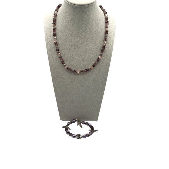 Vintage Napier Beaded Necklace & Bracelet Set With Purple & Silver Accents - Picture 1 of 12